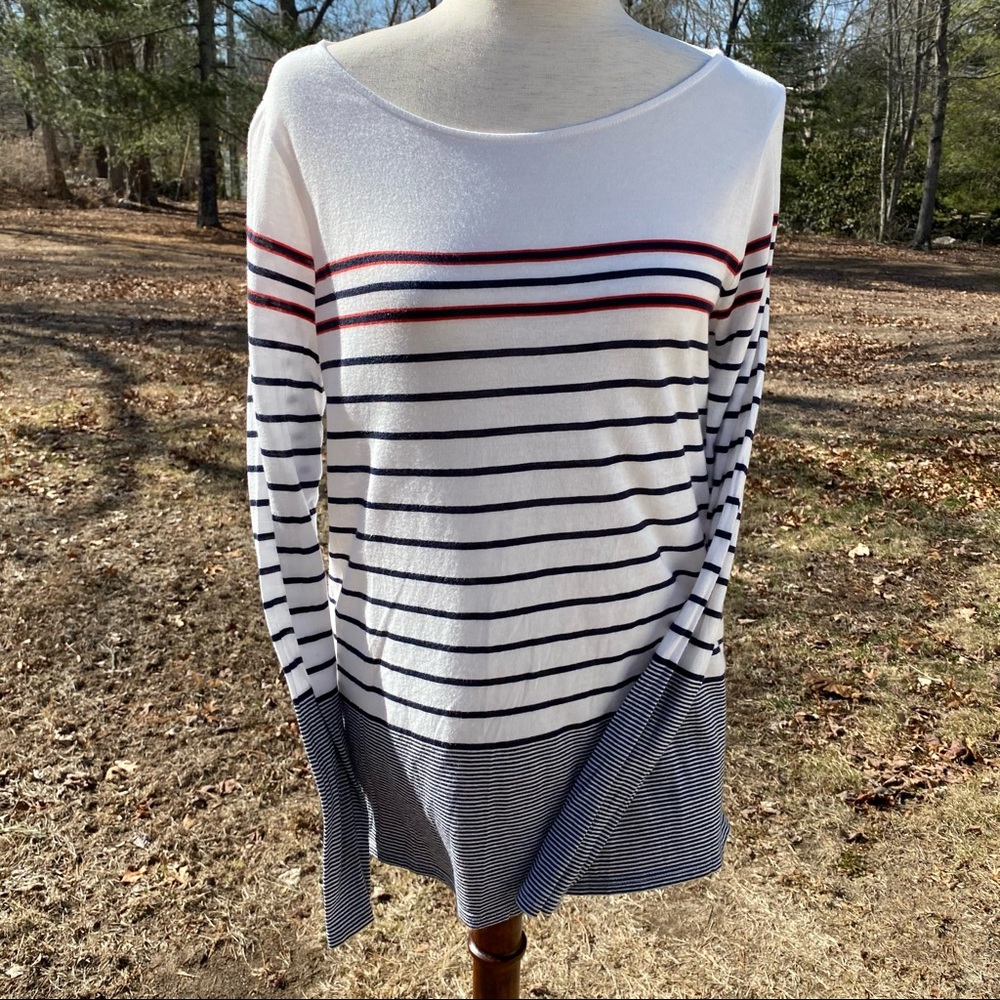 VINCE TOP TEE LONG SLEEVE WHITE BLUE RED STRIPE BOAT NECK Size M